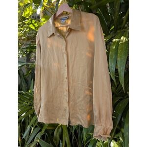 100% Silk Blouse 22W Gold Long sleeve Holiday Party Satin Shirt glam mobwife